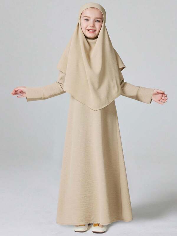 Conjunto de 2 piezas de vestimenta musulmana para niñas, vestido abaya de manga larga + conjunto de hiyab para oración, regalo para uso al aire libre