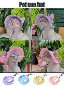 Tie Dye Dog Hat Strap, Round Ear Hole Brim, Dog, Puppy, Cat Sun Hat, Bucket Hat, Outdoor Sun Protection Pet Hat, Suitable For Small And Medium-Sized Cats, Dogs, And Kittens