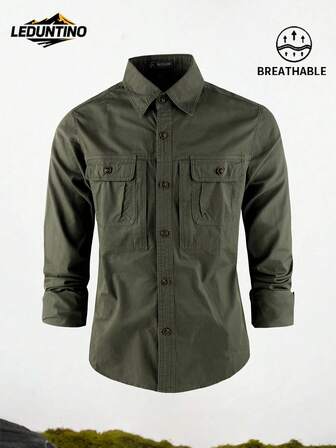 LEDUNTINO [Spring/Summer] Men's Fashion Casual Button-Down Outdoor Shirt, Sports, Solid, Cargo, Boyfriend Gift, Men's Long Sleeve Shirt For Spring/Autumn, Multi-Pocket, Lapel Shirt, Spring/Fall Tops For Men