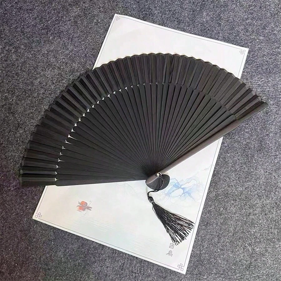 1 件复古风格竹折叠手扇，短柄折叠舞蹈扇，扁平竹扇，素色 - 黑色 - 查看 1
