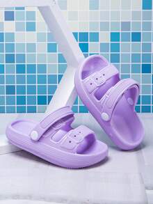1 Pair Girls' Comfortable Lightweight Dual-Strap Design Convertible Sandals/Slides, Fashionable Casual Purple Foam Slides, Spring/Summer - Purple - View 2