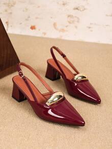 Women's Metallic Buckle Fashion Mule Shoes, Slingback With Strap, Comfortable Slingback Red High Heels - Burgundy - View 6