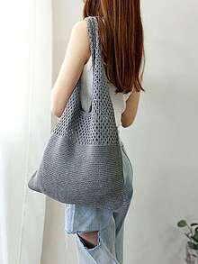 返校季，女士大背包，女士针织钩针包，夏季沙滩手提包，唯美手提包，嬉皮手提包，针织包，时尚必备：女士钩针手提包，镂空手提包，沙滩旅行单肩包，可折叠大容量购物袋，摇摆沙色设计的学生背包，适合学生和游客户外活动、旅行和购物的完美礼物 - 灰色 - 查看 3