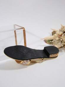 Dép xăng đan đế bằng gót thấp dành cho nữ, giày slip-on đính đá và kim sa, kiểu dáng hở mũi, thời trang và lấp lánh cho mùa hè, trang phục đi biển. - Vàng - Xem 5