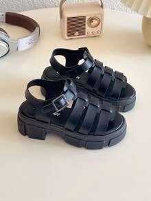 Summer New Round Toe Woven Decor Design Girls Outdoor Sandals, Non-Slip And Durable, Fashionable And Elegant Children High Heel Roman Sandals - Black - View 1