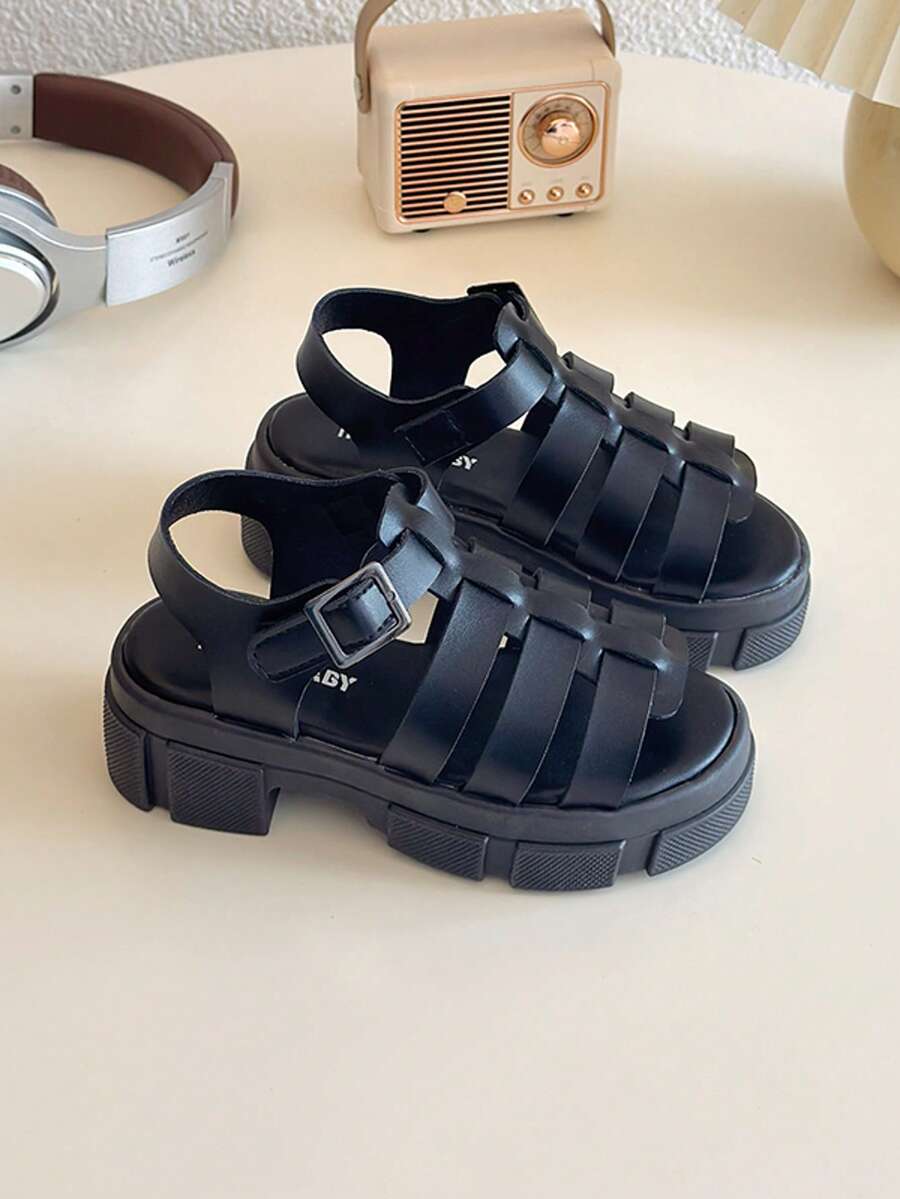 Summer New Round Toe Woven Decor Design Girls Outdoor Sandals, Non-Slip And Durable, Fashionable And Elegant Children High Heel Roman Sandals - Black - View 1