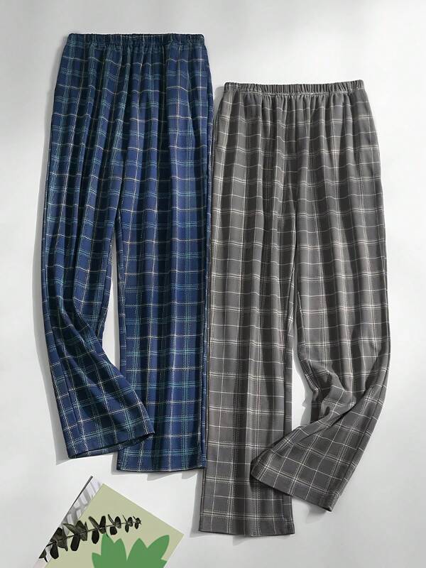 2pcs Men's Spring/Summer Thin Plaid Print Pants, Comfortable Casual Loungewear Sleepwear Bottoms