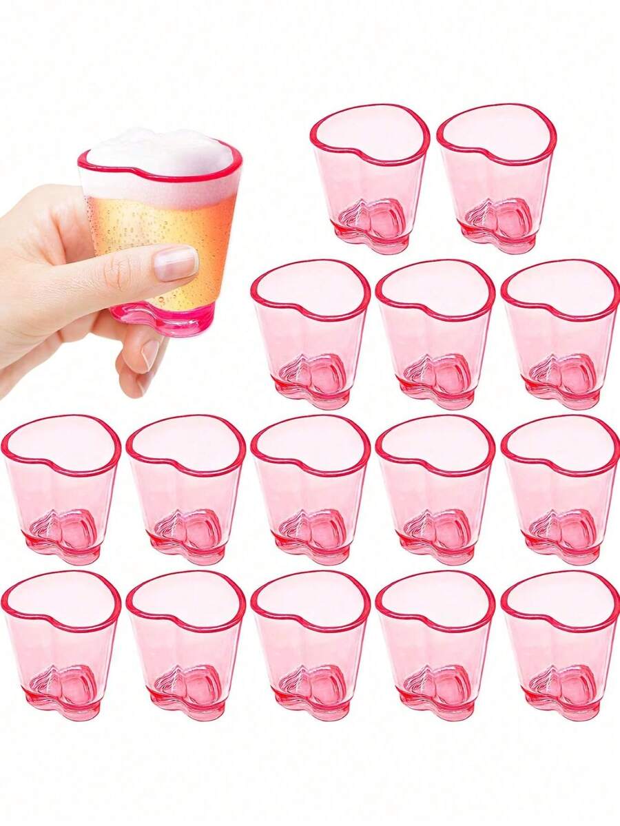 1/4 件粉色塑料烈酒杯套装，心形烈酒杯套装，带重型底座的塑料烈酒杯，适用于威士忌、龙舌兰、情人节烈酒、单身派对 - 粉色 - 查看 1