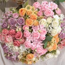 1/4 peças Buquê de Flores Artificiais Realistas, Buquês Reutilizáveis de Rosas Falsas, Crisântemos, Hortênsias com Hastes, Decoração de Mesa para Casa e Quarto, Arranjos Florais Artificiais Centrais, Decoração de Jardim e Quintal Externos, Decoração de Casamento, Aniversário, Chá de Panela - Sem Recipiente, Decoração de Outono