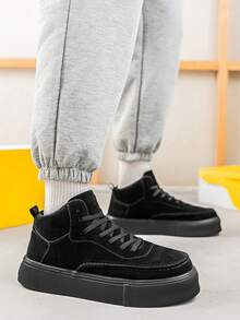Men's Retro Classic Black High Top Flat Casual Sneakers, Comfortable Stylish High Street Fashion Skateboard Shoes - Black - View 7