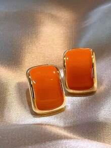 1 Pair European & American Classic Versatile Droplet Square Geometric Earrings, Retro Fashion Hong Kong Style Minimalist Design Statement Earrings - Orange - View 5
