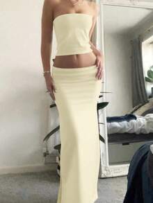 2件套时尚年轻女士性感甜美可爱毕业装，奶油黄色，毕业季，合身 - 杏色 - 查看 3