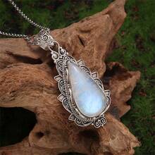 Elegant Teardrop Moonstone Pendant Necklace For Women - Vintage Style, Delicate Polygonal Pattern Collarbone Chain With Synthetic February Birthstone - Perfect For Casual Attire & Special Occasions, Ideal Gift For Valentine's Day, Cute Necklace - 銀色 - 查看 2