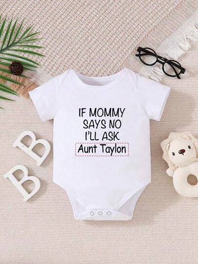 [Custom] Personalized Name Custom Baby Girls Short Sleeve Bodysuit, Cute Casual - White Round Neck, Comfortable & Breathable,Street Casual Chic,Casual Wear SS,New Year Glamour