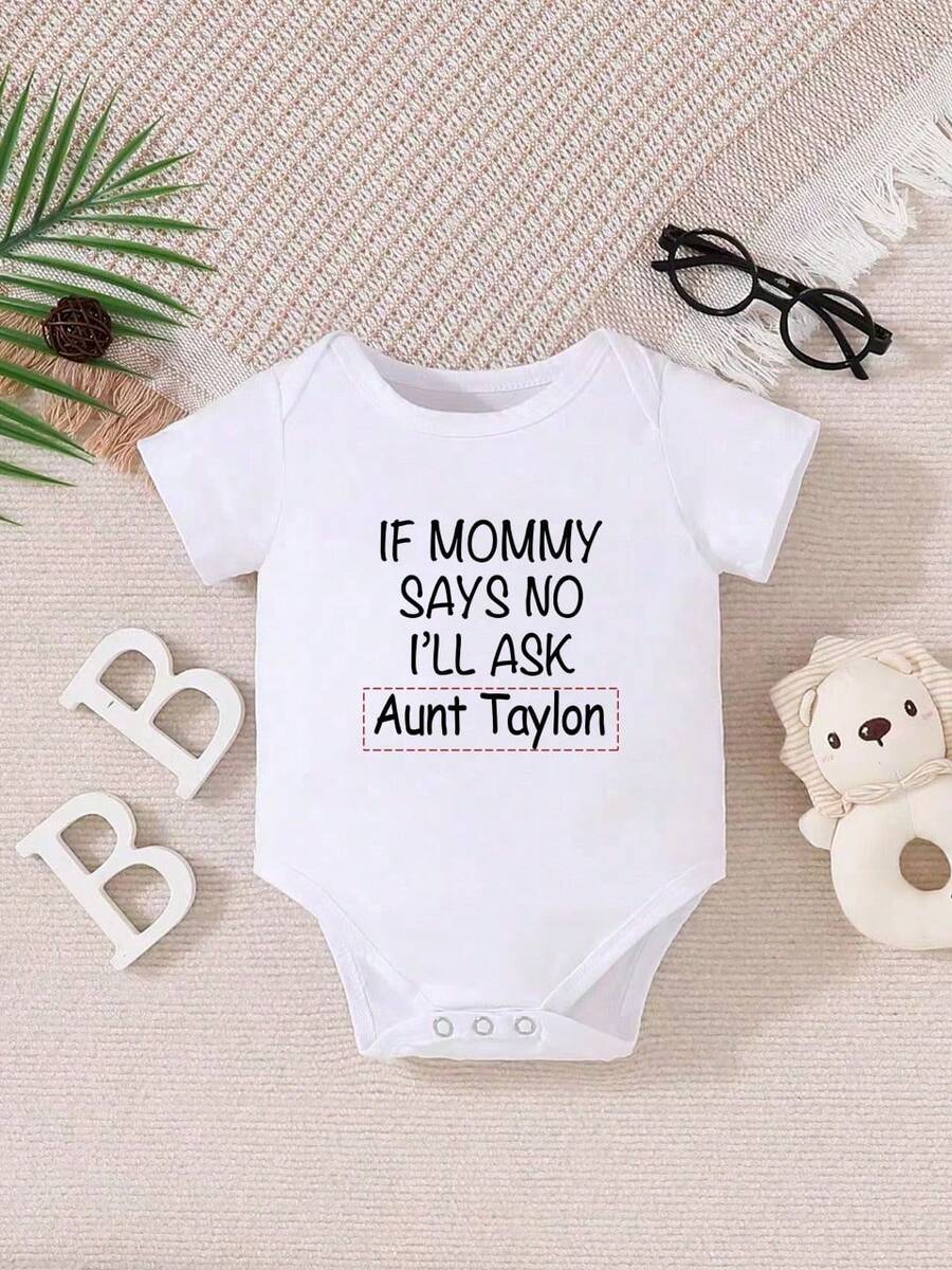 [Custom] Personalized Name Custom Baby Girls Short Sleeve Bodysuit, Cute Casual - White Round Neck, Comfortable & Breathable,Street Casual Chic,Casual Wear SS,New Year Glamour - White - View 1