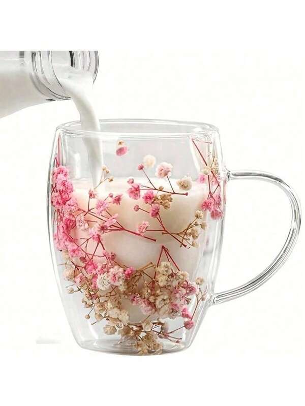 1pc Double-Layer Glass Coffee Cup With Dried Flowers, Insulated Heatproof Mug Suitable For Hot And Cold Drinks, Great For Iced Drinks, Sparkling Water, Fruit Tea, Juice And Latte - Ideal For Weddings, Parties
