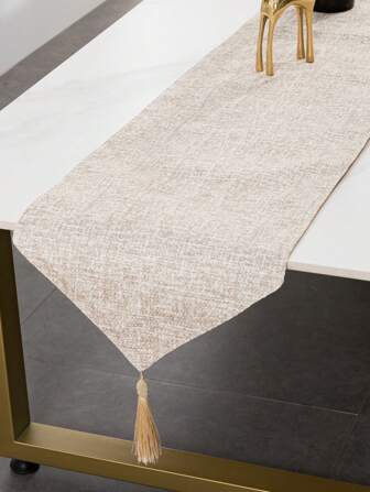 1 pièce Chemin de table à franges triangulaire imprimé couleur beige style lin, décoration de table en tissu de couleur unie simple pour la maison, usage commercial dans les cafés, restaurants, bars, fêtes en extérieur, évènements festifs
