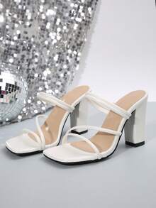 新款方头罗马风粗跟凉鞋，经典系带高跟凉鞋，春夏穿搭 - 白色 - 查看 8