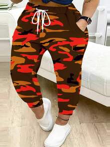 Plus Size Women Camouflage Print Drawstring Waist Casual Pants - Orange - View 1