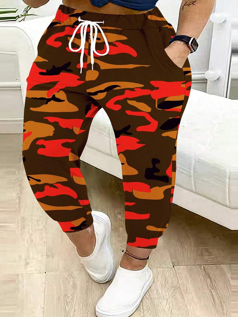 Plus Size Women Camouflage Print Drawstring Waist Casual Pants - Orange - View 1