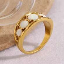 VKHK 1 pieza Anillo sencillo de acero inoxidable chapado en oro de 18k con decoración de ópalo blanco, adecuado para uso diario y bodas de la mujer, regalo