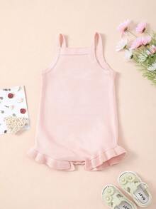 Baby Girl Sweet Solid Color Knit Romper With Bow Decor, Sleeveless Jumpsuit, Spring/Summer - Baby Pink - View 6
