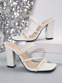 新款方头罗马风粗跟凉鞋，经典系带高跟凉鞋，春夏穿搭 - 白色 - 查看 7