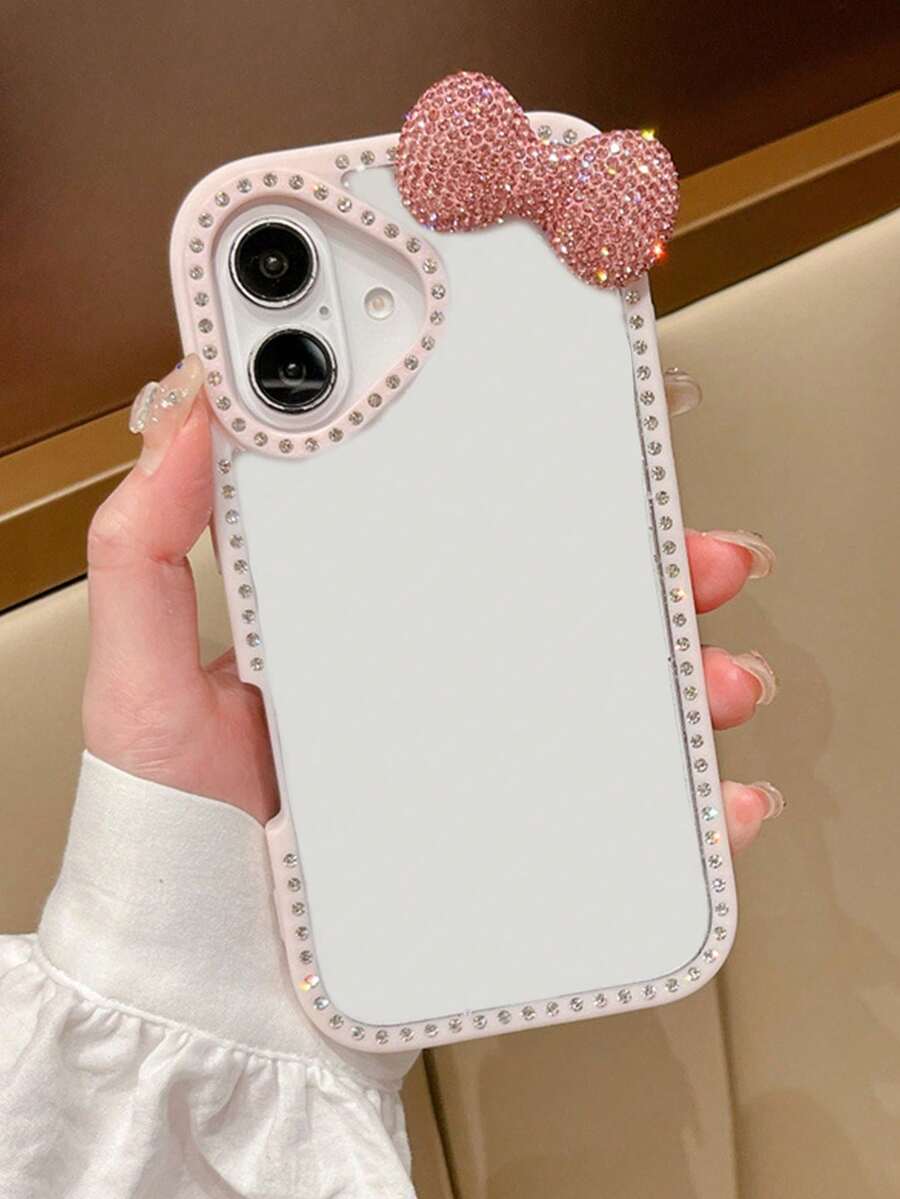 Fashionable Polka Dot Rhinestone Edged PC Phone Case, Cute Cartoon 3D Rhinestone Bow Design, Compatible With Apple 11/12/13/14/15/16 Pro Max/11 Pro Max/12 Pro Max/13 Pro/13 Pro Max/14 Pro/14 Pro Max/14 Plus - Pink - View 1