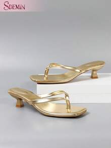 SDEMIN  Summer New Arrival Women's Solid Color Slippers, Elegant Vacation Shoes, Casual Beach High Heels Sandals, Fashionable Slip-On Heels For Dress - 金色 - 查看 6
