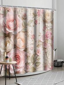 1 件复古花卉防水浴帘，玫瑰印花，粉色和米色，装饰性浴室窗帘带挂钩，100% 涤纶防水面料，适用于酒店、公寓、家居，35 英寸 X70 英寸、47 英寸 X70 英寸、59 英寸 X70 英寸、70 英寸 X70 英寸家居浴室装饰夏季