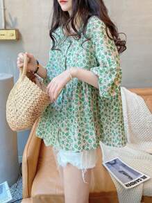 YUXIN 夏季新款宽松甜美3/4袖圆领休闲衬衫，时尚蝙蝠翼碎花衬衫