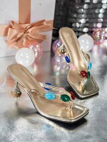 SHEIN BAE 时尚高跟凉鞋，新款设计，彩色宝石装饰，窄带女式人字拖，夏季派对、婚礼、宴会，金色女士高跟凉鞋 - 金色 - 查看 3