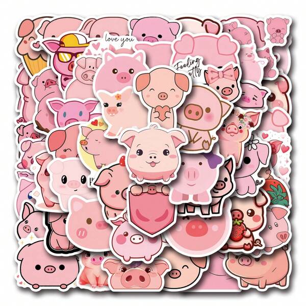 56 piezas Pegatinas de cerdito Kawaii de dibujos animados rosas, pegatinas de animales lindos para botellas de agua, portátiles, decoración DIY, scrapbooks, patinetas, fundas de teléfono