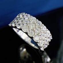 SHE IN Cubic Zirconia Three Row Eternity Ring For Women Round Cut CZ Sterling Silver Wide Wedding Bands Rings For Her