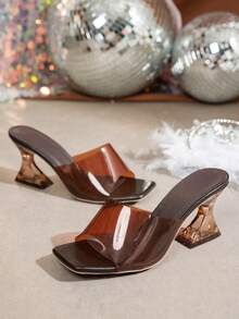 Plus Size Women's Square Toe Transparent Solid Color Slip-On Crystal Heel High Heel Slide Sandals, Suitable For Fashion Shows - Brown - View 2