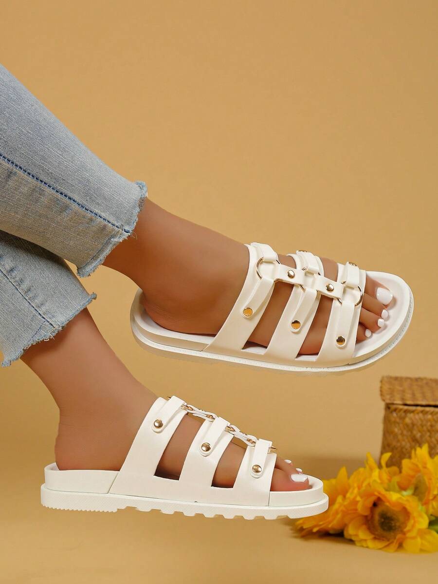 Women's Fashion Basic Casual Neutral Rivet Decor Indoor/Outdoor Beach Slippers - White - View 1