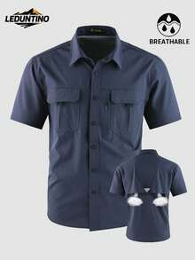 LEDUNTINO [Spring/Summer] Men's Fashion Casual Cargo Shirt, Sports Style, Solid Green Color, Great Gift For Husband Or Boyfriend, Men's Short Sleeve Shirt With Lapel, Button, And Zipper Pocket, Spring Summer Men's Clothing - Blue - View 2