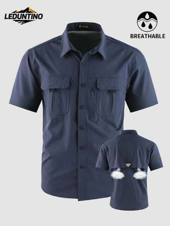 LEDUNTINO [Spring/Summer] Men's Fashion Casual Cargo Shirt, Sports Style, Solid Green Color, Great Gift For Husband Or Boyfriend, Men's Short Sleeve Shirt With Lapel, Button, And Zipper Pocket, Spring Summer Men's Clothing