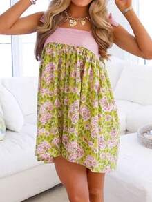 Women Floral Mini Tie Shoulder Dress Sleeveless Square Neck Knot Cami Flowy Boho Vacation Beach Short Y2k Sundress - Pink - View 3