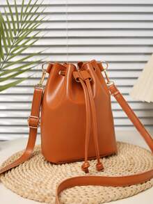 Women's Minimalist Drawstring Shoulder Bucket Bag For Everyday Commute - Brown - View 5