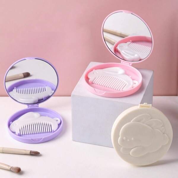1 pieza Espejo compacto plegable portátil con diseño de conejo, incluye peine, set de espejo de maquillaje para viajes