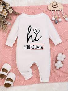 [Custom] Personalized Name Print, "Hello, I'm..." Comfortable Round Neck Romper, Casual Jumpsuit Outfit For Baby Boys And Girls, Outdoor Wear - White - View 1