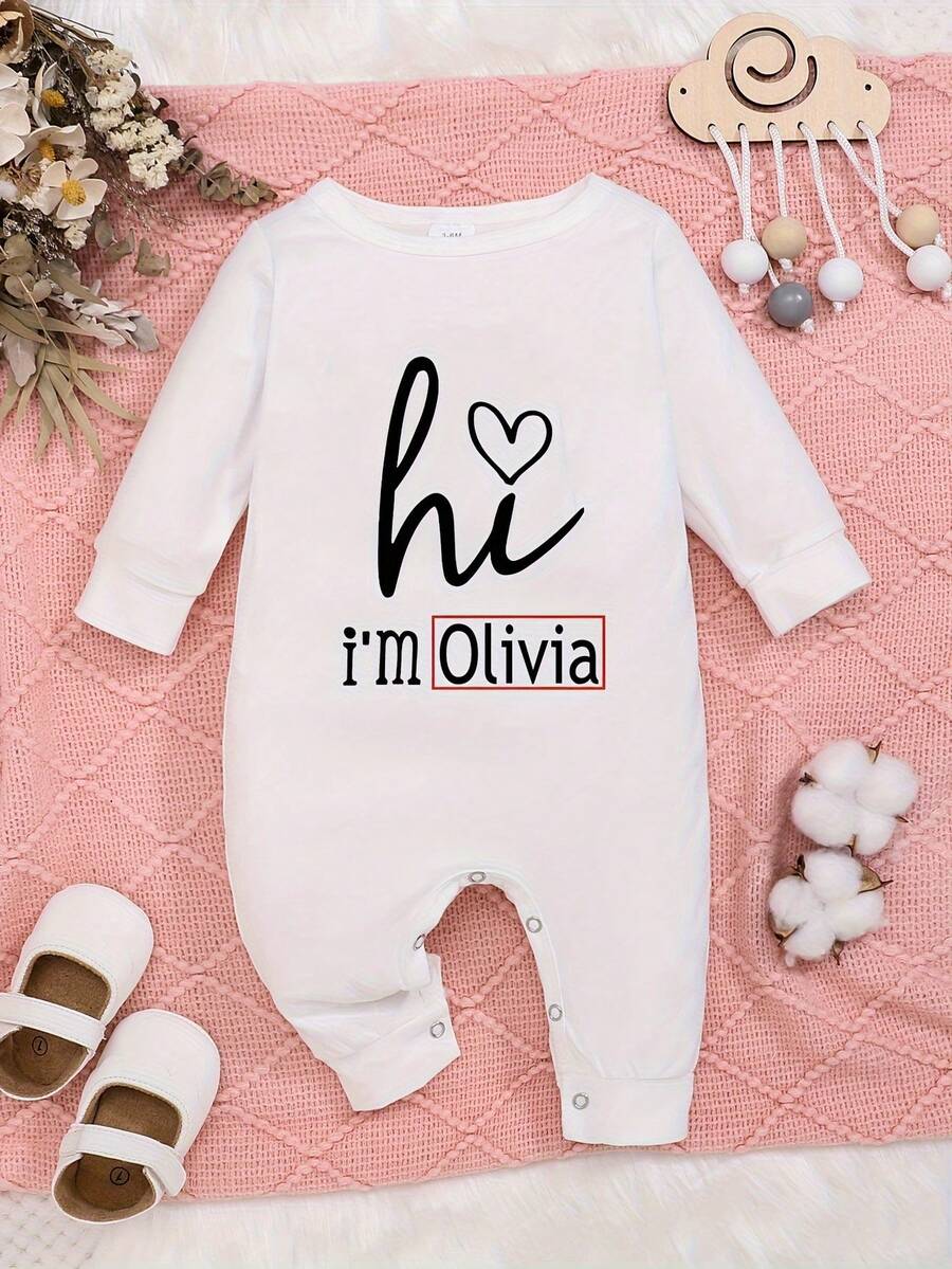 [Custom] Personalized Name Print, "Hello, I'm..." Comfortable Round Neck Romper, Casual Jumpsuit Outfit For Baby Boys And Girls, Outdoor Wear - White - View 1