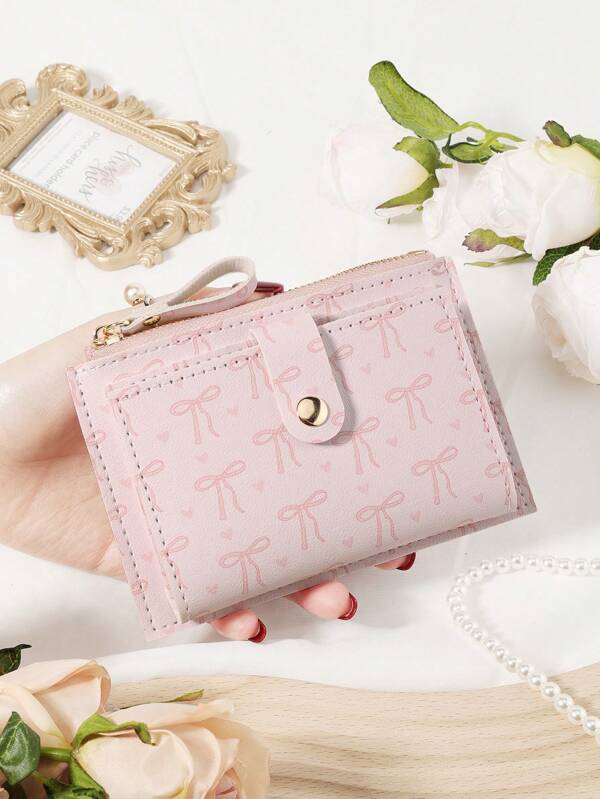 Pink Bow Love Pattern Bag,Flip Cover Zipper Small Wallet Coin Pocket Small Purse Bifold Slim Women Wallet MiniThin,Lightweight,Multi Layer Portable,ID Card,Money Credit Card Minimalist,Fashion,Modern,Business,For Anniversary,For Christmas,On Valentine Day,For Birthday Gift,For Gift,For Lover For Women,For Girls,For Lady,For Female,Bag School Supplies For School Dorm Room & Back To School