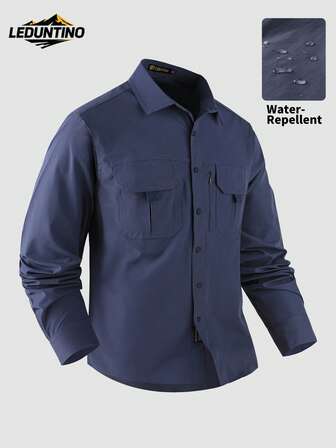 LEDUNTINO 【春夏】男士时尚纽扣休闲户外衬衫 纯绿色 运动 工装 老公 男朋友礼物 男士长袖衬衫 多口袋 松紧 翻领衬衫 带拉链口袋 春秋装