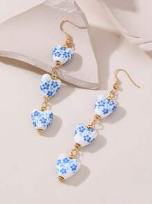1 Pair Vintage Handpainted Blue And White Porcelain Beaded Earrings, Elegant Dangle Earrings For Women