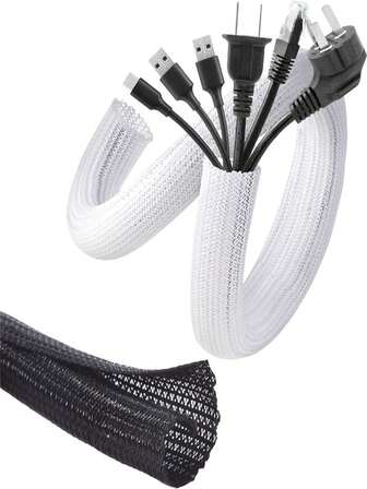 5/13/19mm 1-3미터 코드 보호대 와이어 룸 튜빙 케이블 슬리브 분할 슬리빙 USB 케이블 전원 코드 오디오 비디오 케이블 RJ45 인터넷 케이블용 – 씹는 것으로부터 케이블 보호 - 블랙 & 화이트