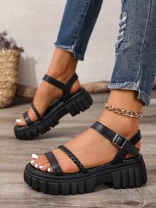 女士简约时尚度假风格绑带编织凉鞋，仙女坡跟厚底凉鞋，适合户外散步、沙滩，加大码 - 黑色 - 查看 7