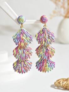 OOQ 1 Pair Handmade Bohemian Style Woven Raffia Shell Tassel Long Earrings, Geometric Design, Suitable For Beach, Vacation, Festivals, Weddings, Mothers' Day, Parties And Daily Wear For Women (Handcrafted Raffia Weaving, Shape And Direction Randomly Assorted) - Colorful - View 2