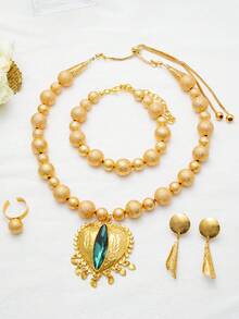 Round Beaded Red Zirconia Heart Necklace Women Jewelry Sets Handmade Middle East 24K Gold Bridal Earrings Ring Bracelet Birthday Gifts Handmade Bead - Green - View 10